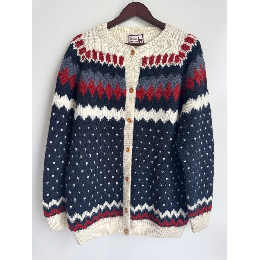 The Alpaca Connection Handmade Peru Fair Isle Cardigan Wool Navy Red Nordic Boho